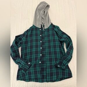 Green and Navy Plaid Hoodie Shirt